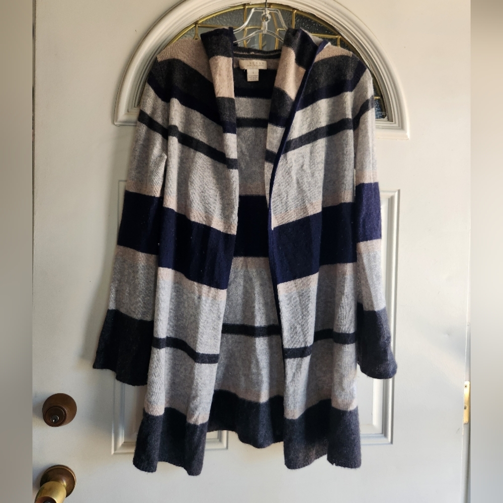 KENAR 100% Cashmere Women Hood Open Cardigan Sweater Blue Grey Striped Sz Small